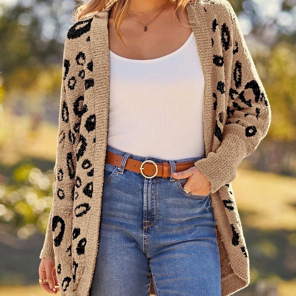 Khaki Casual Women's Leopard Print Knit Cardigan - Picture 2 of 4